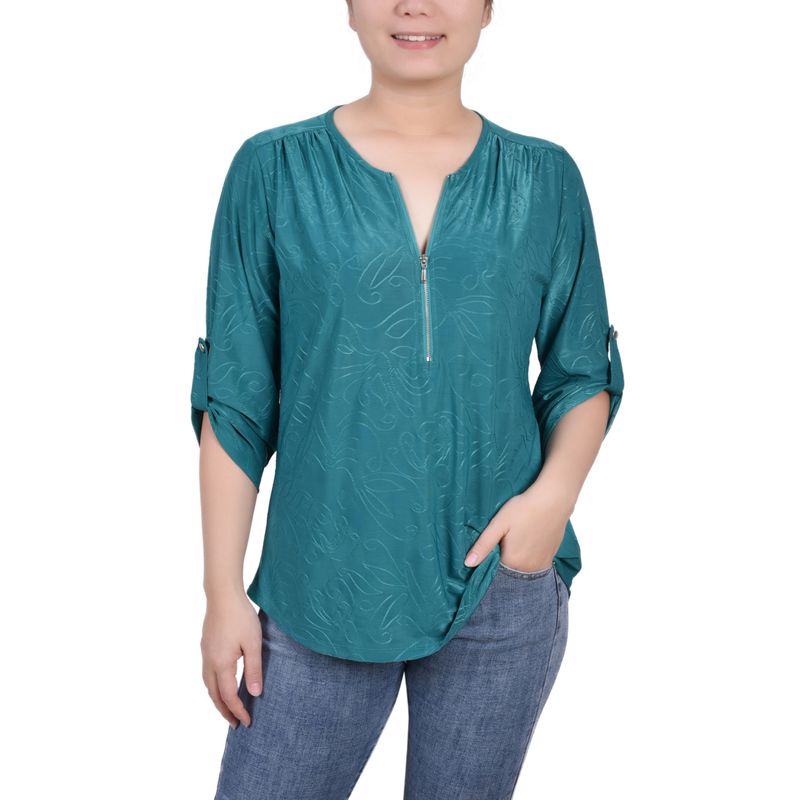 Ny Collection Petite 3/4 Roll Tab Zip Front Jacquard Knit Top